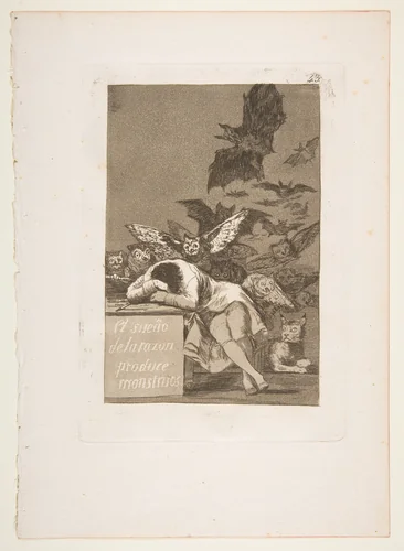 Plate 43 from "Los Caprichos": The sleep of reason produces monsters (El sueño de la razon produce monstruos) by Goya, print, 1799