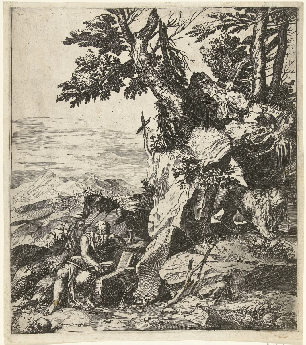 Landschap met lezende Hieronymus by anonymous, print, 1565-1600