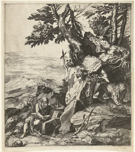 Landschap met lezende Hieronymus by anonymous, print, 1565-1600