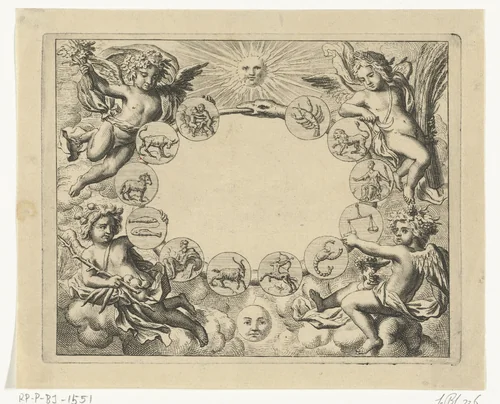 Tekens van de dierenriem omgeven door putti by Frederick Bloemaert, print, 1635-1670