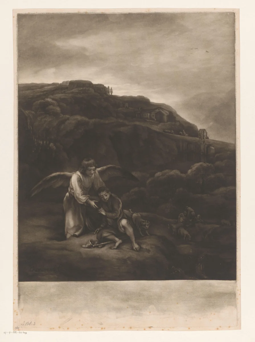 Tobias en de engel aan de rivieroever by James McArdell, print, 1745-1765