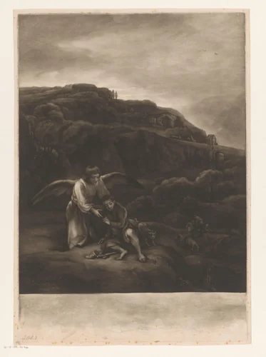 Tobias en de engel aan de rivieroever by James McArdell, print, 1745-1765