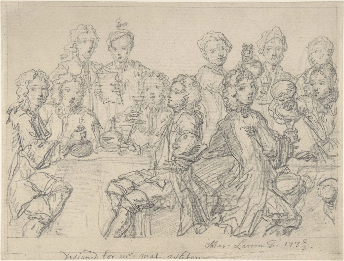Group of Figures at a Table by Marcellus Laroon, drawing, 1732-1733