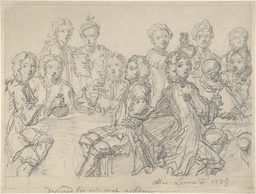 Group of Figures at a Table by Marcellus Laroon, drawing, 1732-1733