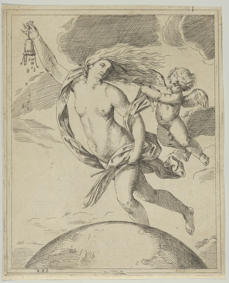 Fortune flying above the globe, partly naked, emptying a purse in her raised right hand and holding a staff in her left, a winged putto pulling her forelock, after Reni by Girolamo Scarsello, print, 1655-1680