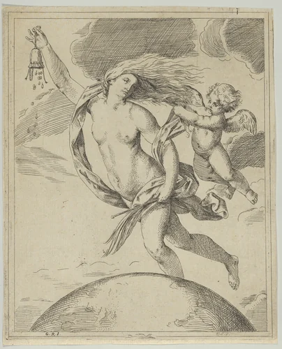 Fortune flying above the globe, partly naked, emptying a purse in her raised right hand and holding a staff in her left, a winged putto pulling her forelock, after Reni by Girolamo Scarsello, print, 1655-1680