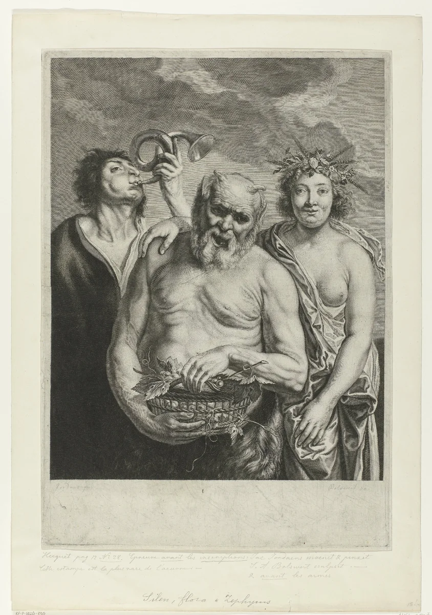 Silenus met Flora en Zephyrus by Schelte Adamsz. Bolswert, print, 1596-1659
