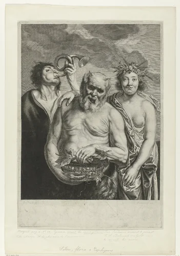 Silenus met Flora en Zephyrus by Schelte Adamsz. Bolswert, print, 1596-1659
