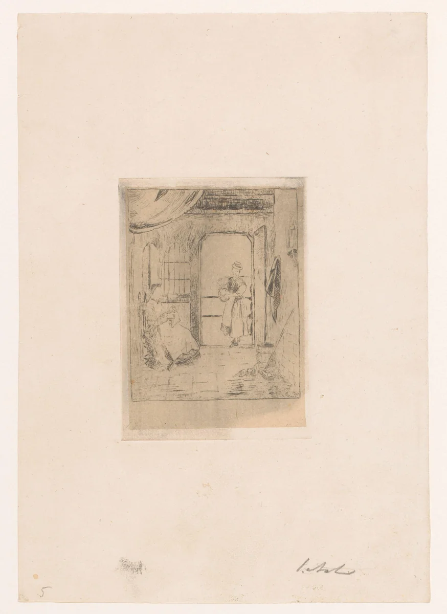 Melkmeisje brengt een kan bij een dame by W.F. Barber, print, 1850-1909