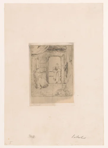 Melkmeisje brengt een kan bij een dame by W.F. Barber, print, 1850-1909