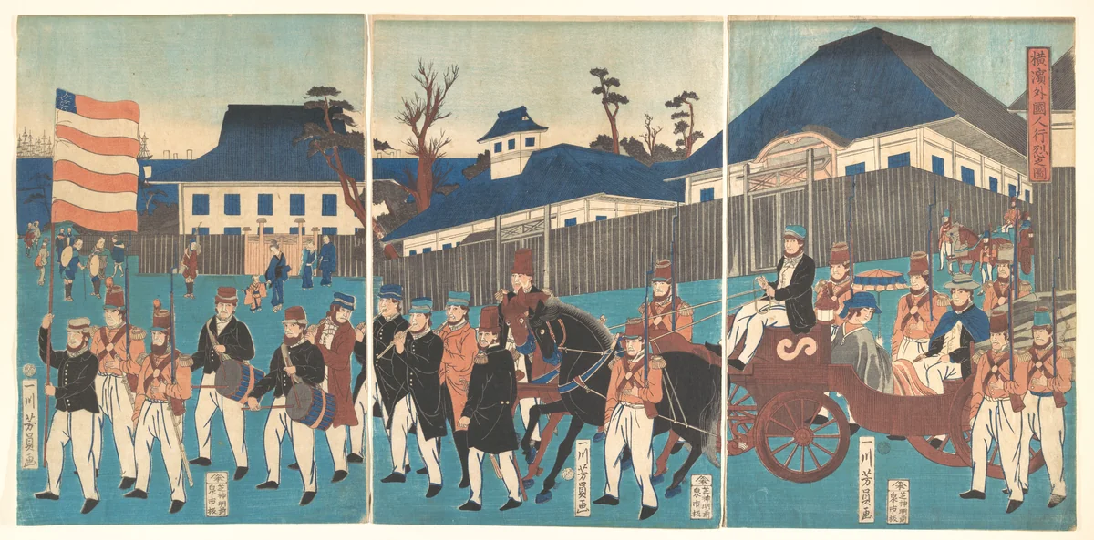 Picture of a Procession of Foreigners at Yokohama by Utagawa Yoshikazu, print, 1861