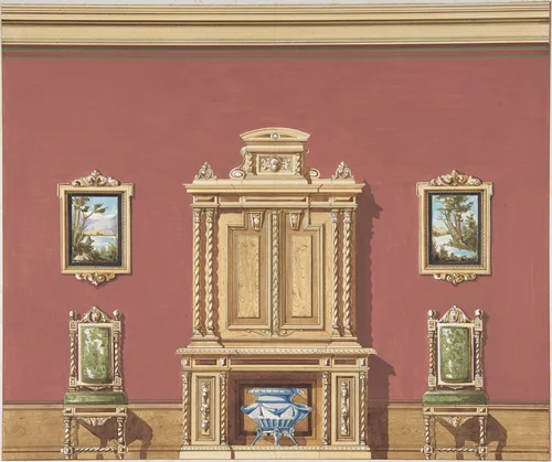 Interior Design with a Central Cabinet, Two Chairs and Two Landscape Paintings against a Red Wall by anonymous, drawing, 1880-1900