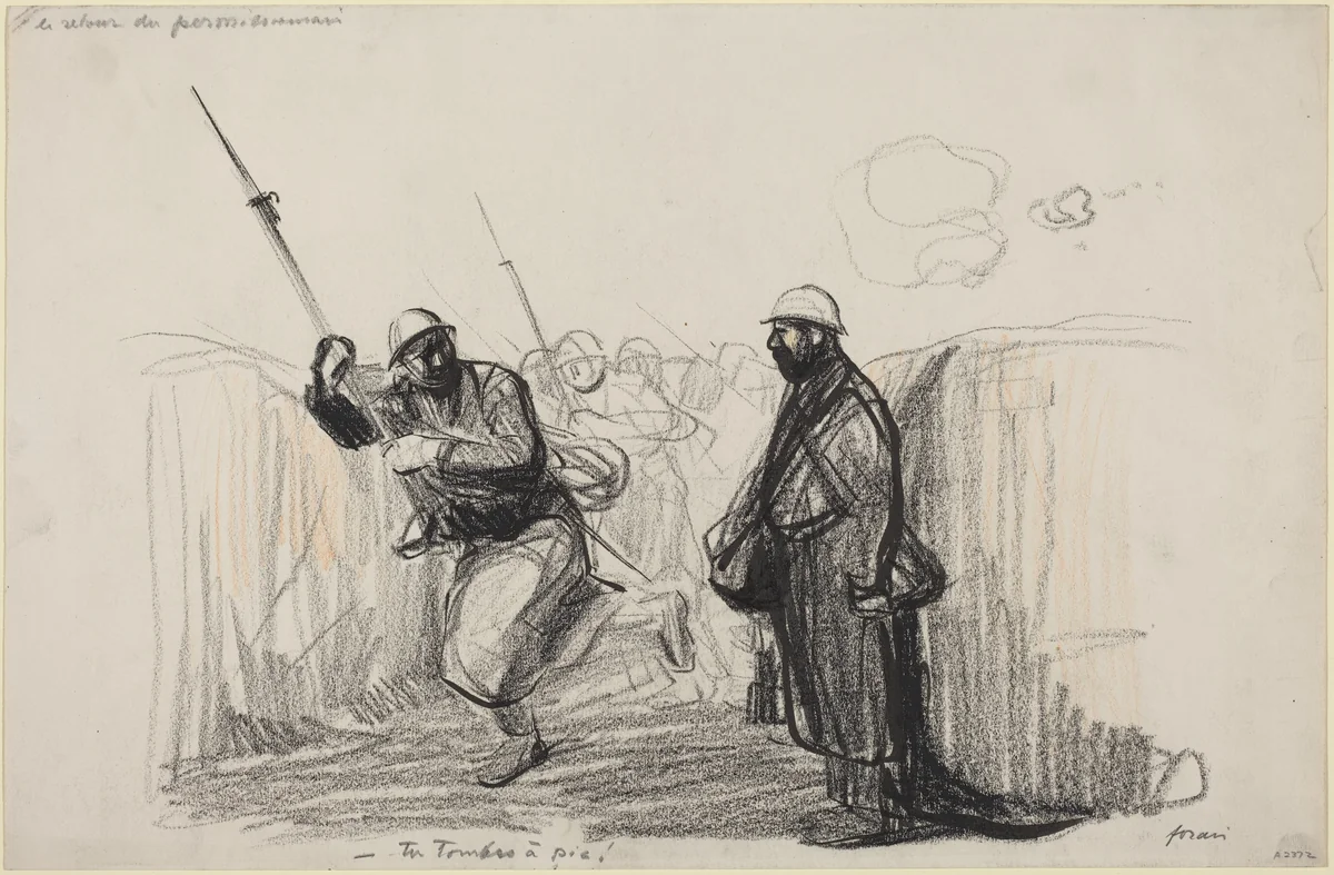 Le retour du permissionnaire. -Tu Tombes a pie! by Jean-Louis Forain, drawing, 1914-1919