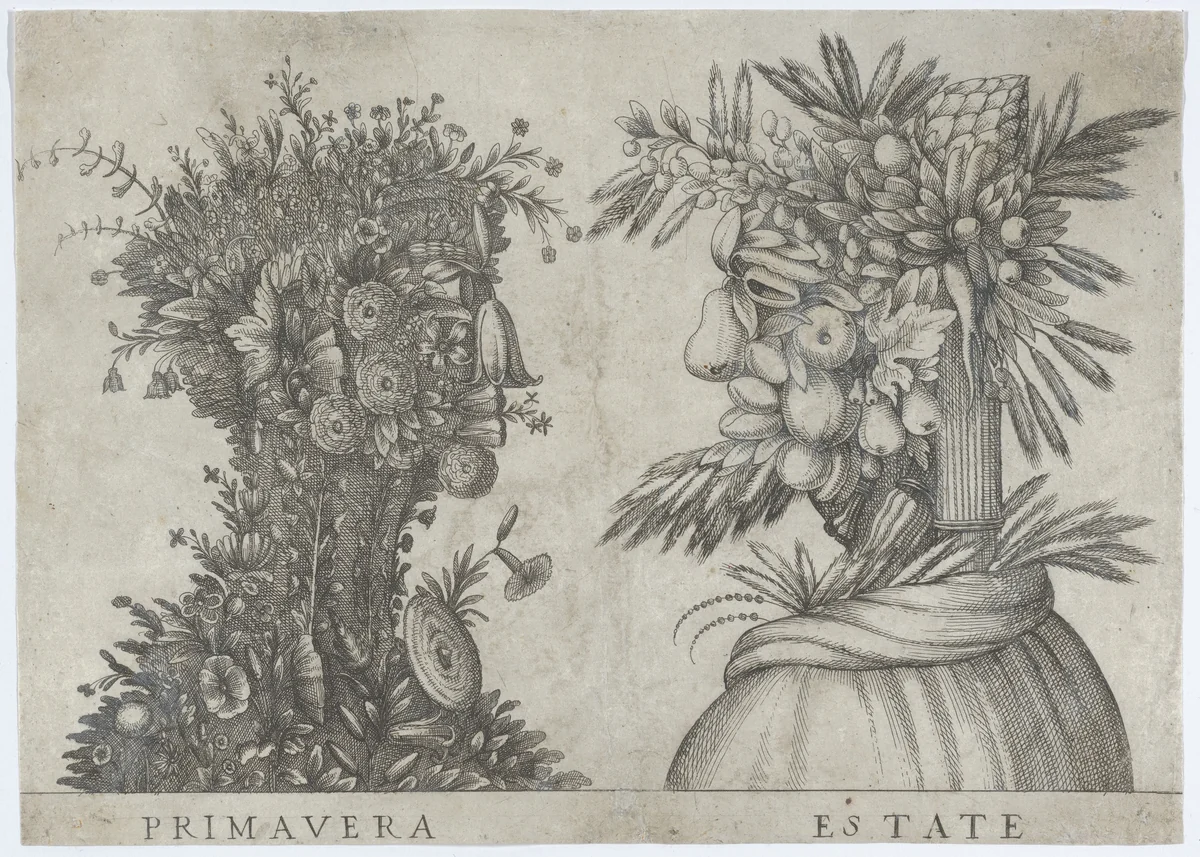 Spring and Summer: two heads made from flora typical of those seasons by anonymous, print, 1575-1585