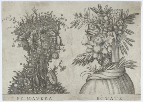 Spring and Summer: two heads made from flora typical of those seasons by anonymous, print, 1575-1585