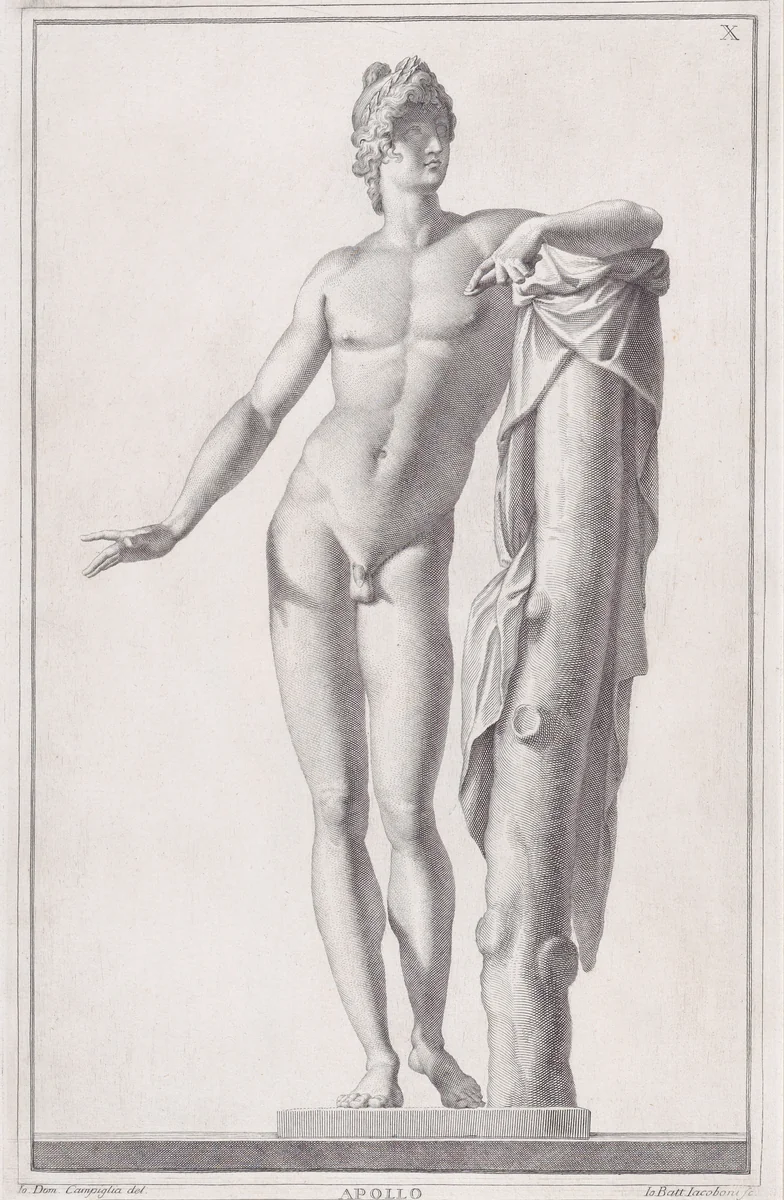 Plate X (10): Apollo, from "Museum Florentinum" (Statuae antiquae dorum et virorum illustrium) by Giovanni Battista Jacoboni, print, 1734