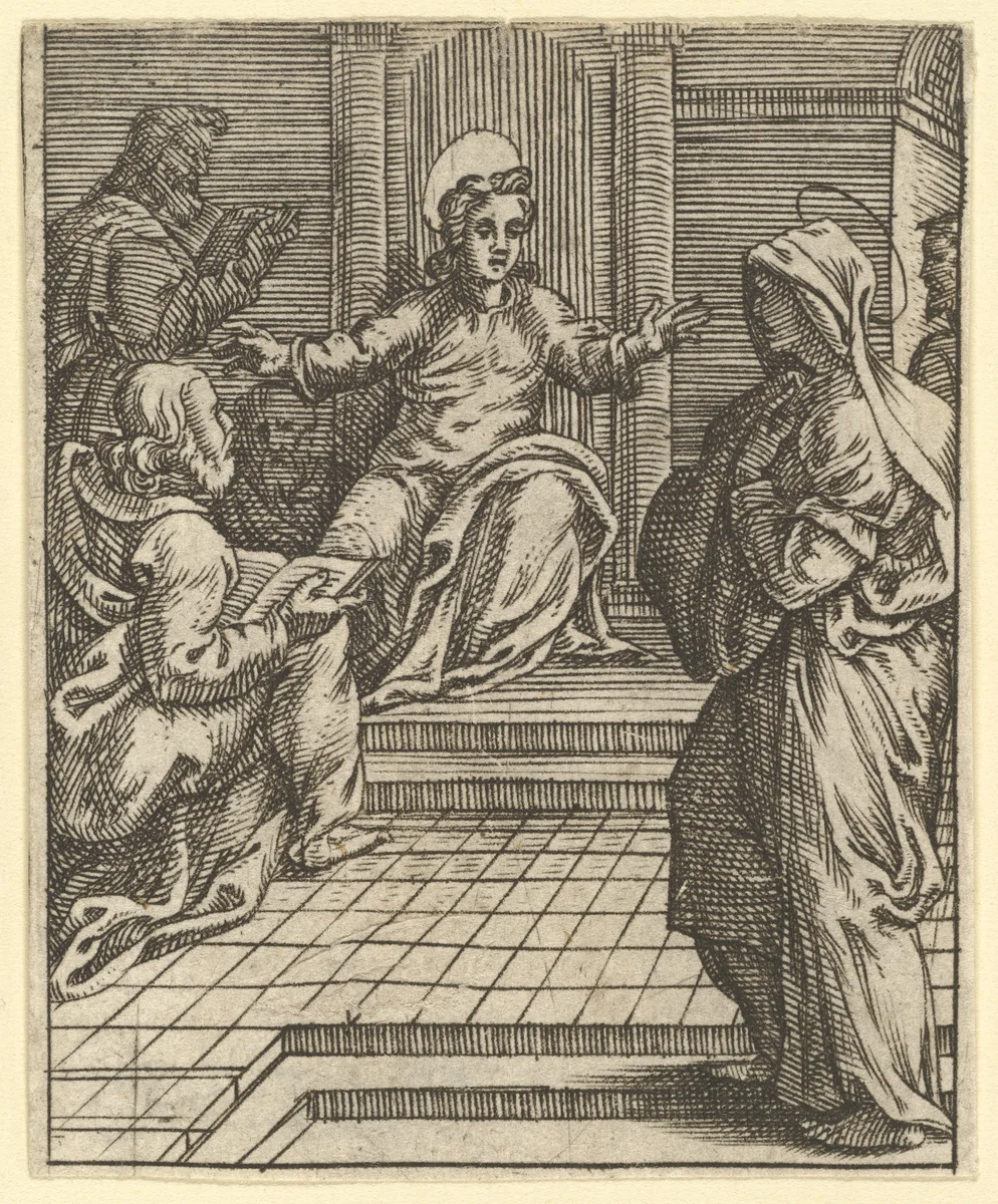 The Virgin of Sorrows: Christ Disputing with the Doctors; one of nine surrounding compartments from the Virgin of Sorrows, now separated by Giorgio Ghisi, print, 1520-1582