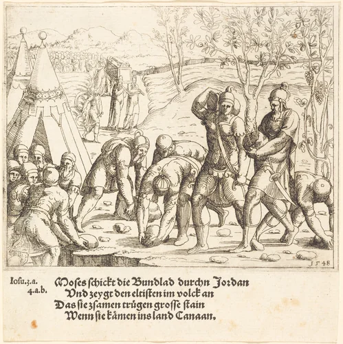 The Twelve Stones, and the Waters of the Jordan are Divided by Augustin Hirschvogel, print, 1548
