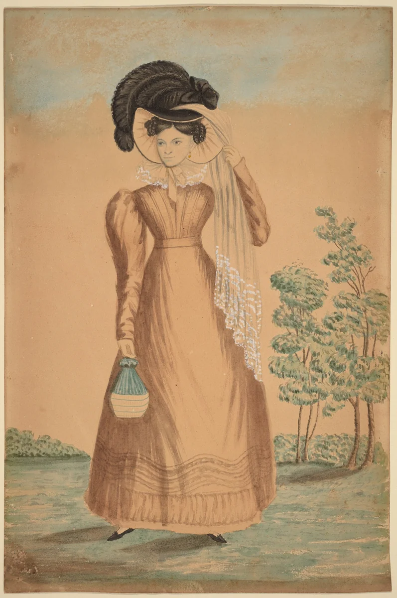 Woman with Plumed Hat by American 19th Century, drawing, 1825