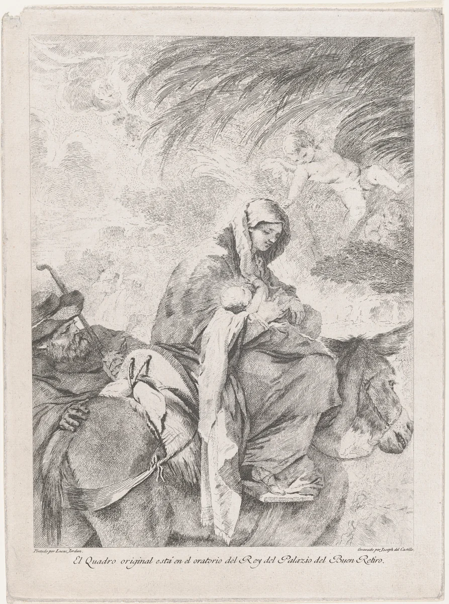 The flight into Egypt, the Virgin and Child on a donkey, Joseph to the left, after Luca Giordano by José del Castillo, print, 1760-1793