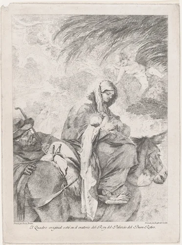 The flight into Egypt, the Virgin and Child on a donkey, Joseph to the left, after Luca Giordano by José del Castillo, print, 1760-1793
