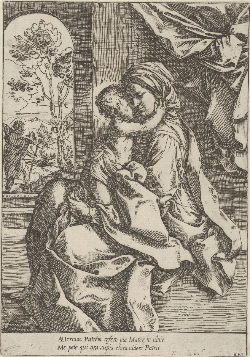The Virgin seated with the Christ Child on her lap embracing her, Joseph seen through an archway at left by Guido Reni, print, 1595-1618