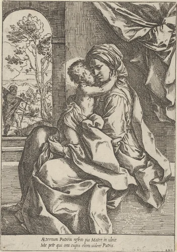 The Virgin seated with the Christ Child on her lap embracing her, Joseph seen through an archway at left by Guido Reni, print, 1595-1618