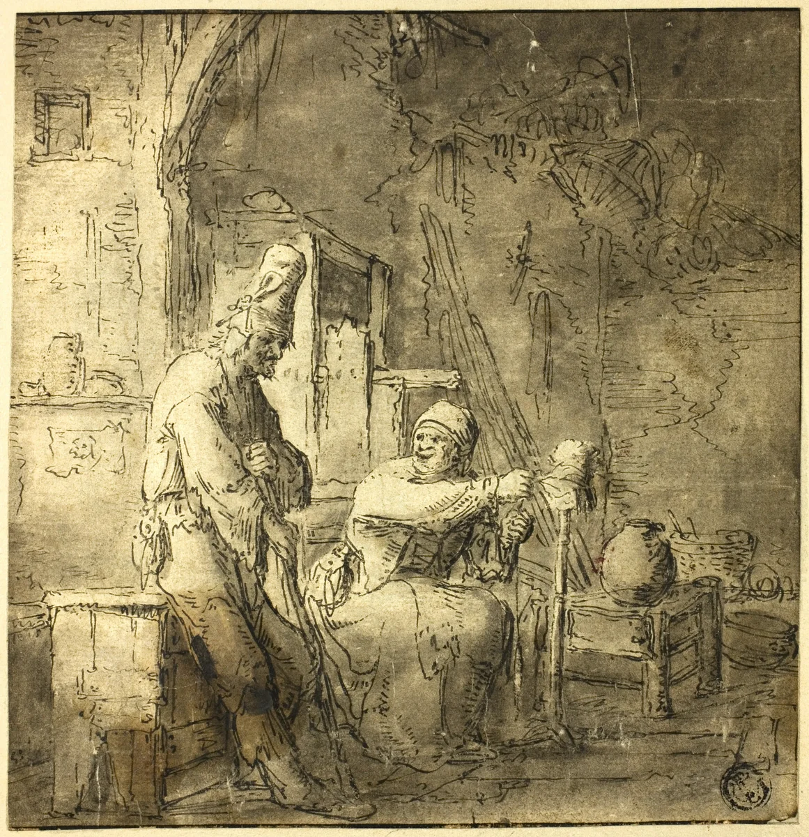 Old Peasant Couple in Cottage by Adriaen van Ostade, drawing, 1630-1684