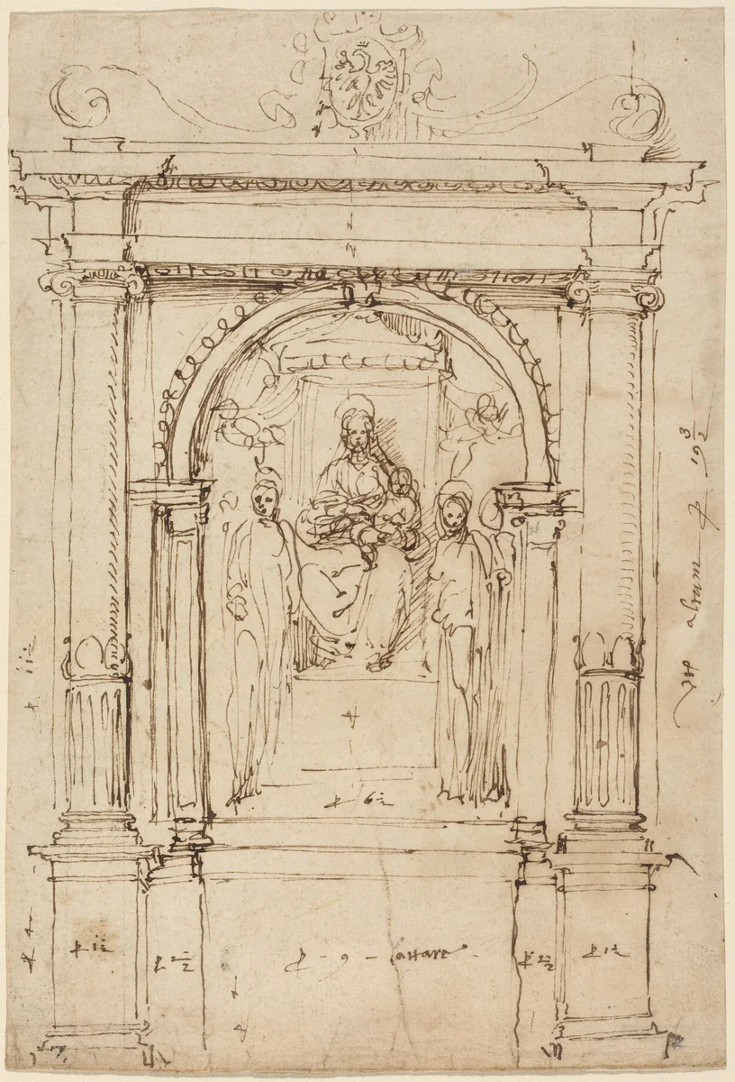 Altarpiece of the Madonna and Child with Saints, in Its Architectural Setting by Perino del Vaga, drawing, 1528-1537