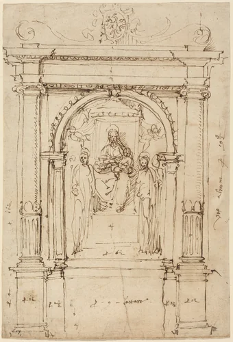 Altarpiece of the Madonna and Child with Saints, in Its Architectural Setting by Perino del Vaga, drawing, 1528-1537