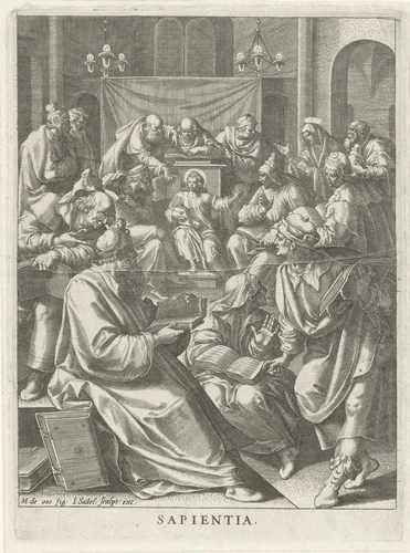 Christus te midden van de leraren: wijsheid by Unknown, print, 1585-1588