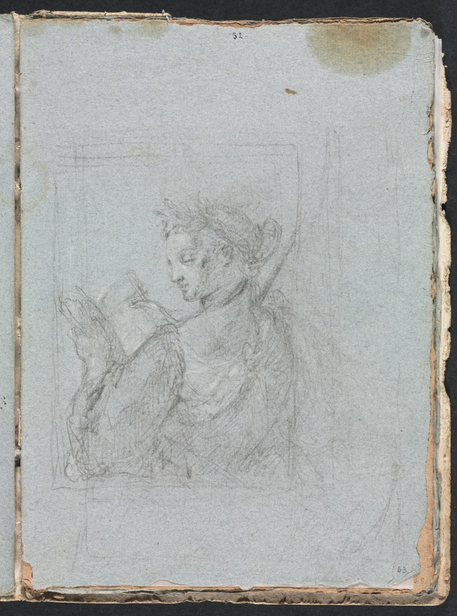 Verona Sketchbook: Female figure with open book (page 63) by Francesco Lorenzi, book, 1760