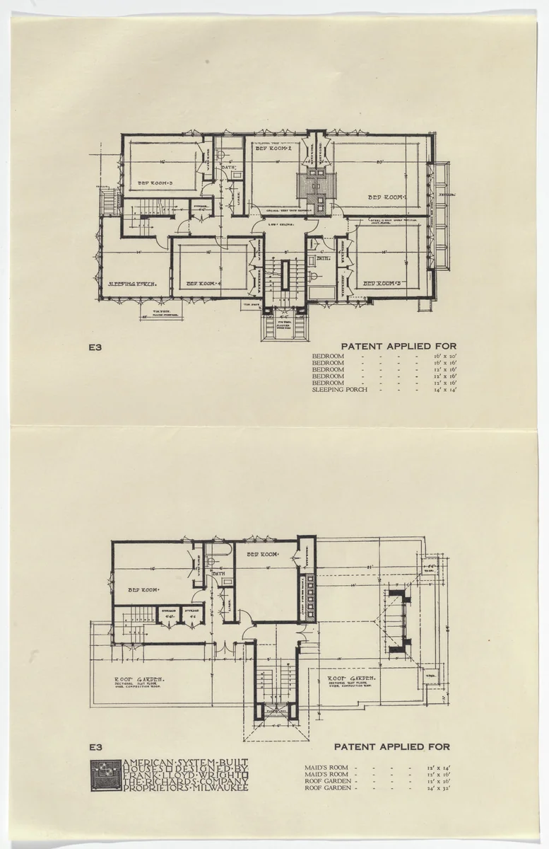 American System-Built Houses for The Richards Company project, Milwaukee, Wisconsin (Plans) by Frank Lloyd Wright, architecture, 1915