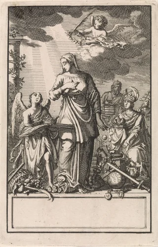 Engel biedt het Geloof een kroon aan by Jan Luyken, print, 1697-1699