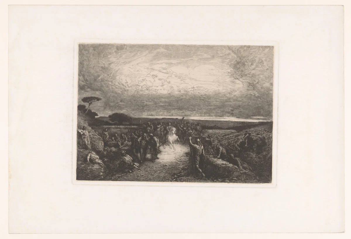 Landschap met ruiter in een menigte by François Nicolas Chifflart, print, 1881