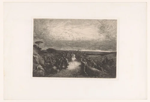 Landschap met ruiter in een menigte by François Nicolas Chifflart, print, 1881
