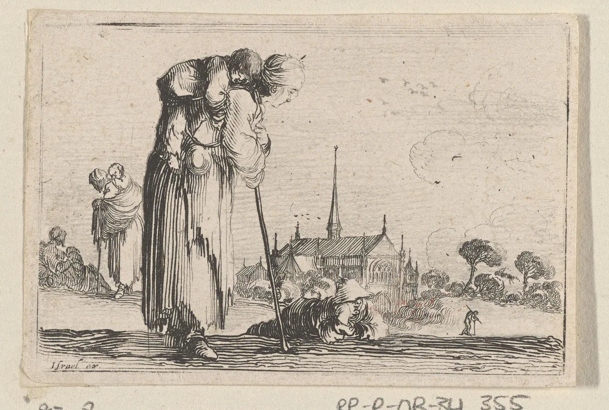 Vrouw met kind op de rug by Stefano della Bella, print, 1620-1664