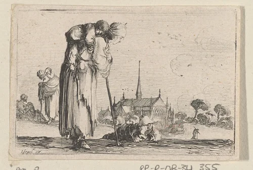 Vrouw met kind op de rug by Stefano della Bella, print, 1620-1664