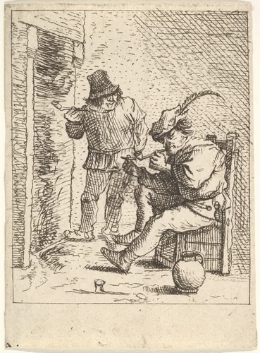 Two male peasants holding pipes before a fireplace, one seated with the pipe held to his mouth, to his left the other stands with the pipe in his right hand by David Teniers the Younger, print, 1625-1690