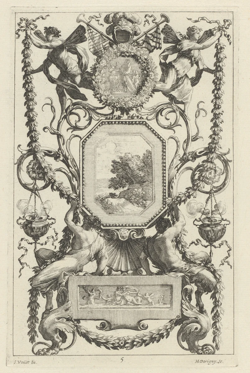 Ornamental Panel Surmounted by a Medallion with a Sacrifice by Michel Dorigny; Simon Vouet, print, 1647