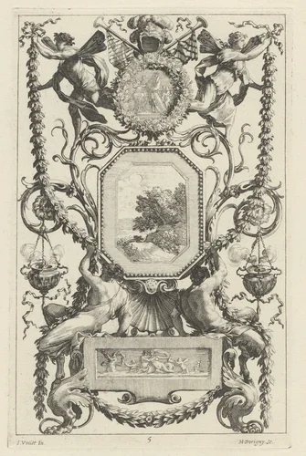 Ornamental Panel Surmounted by a Medallion with a Sacrifice by Michel Dorigny; Simon Vouet, print, 1647