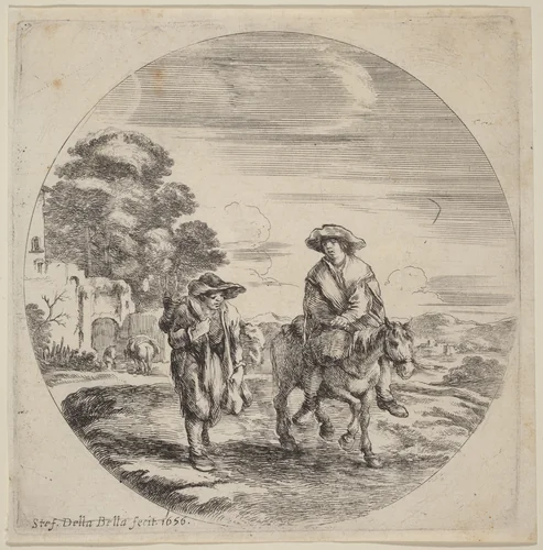 Two Peasants Traveling in a Landscape by Stefano della Bella, print, 1656