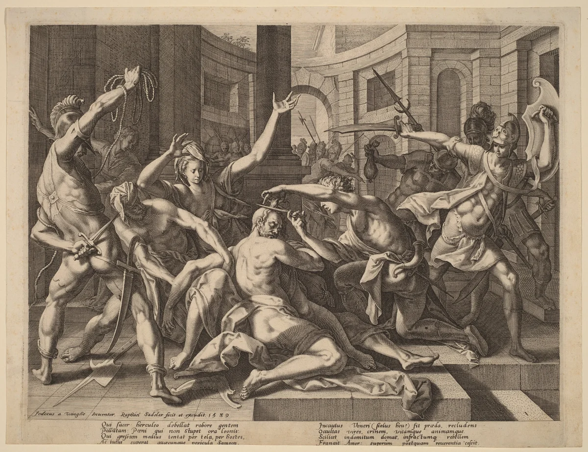 Delilah Cutting Samson's Hair by Raphael Sadeler I, print, 1589