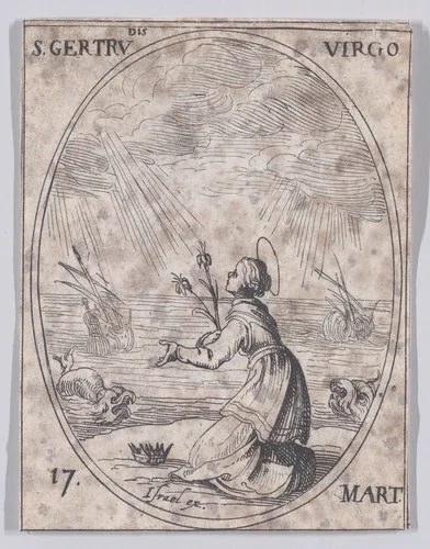 Ste. Gertrude, vierge (St. Gertrude, Virgin), March 17th, from "Les Images De Tous Les Saincts et Saintes de L'Année" (Images of All of the Saints and Religious Events of the Year) by Jacques Callot, print, 1636