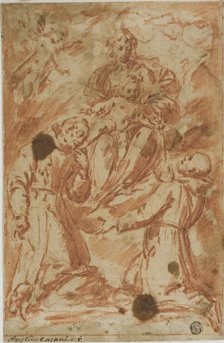 Virgin and Child in Glory Worshipped by Two Monk Saints by Bernardo Strozzi, drawing, 1602-1650