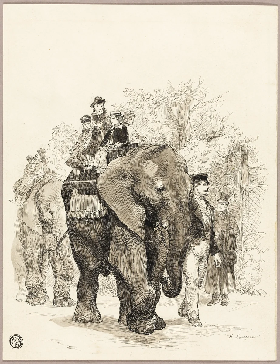Elephant with Riders in Jardin des Plantes, Paris by Auguste Andre Lançon, drawing, 1856-1887