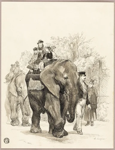Elephant with Riders in Jardin des Plantes, Paris by Auguste Andre Lançon, drawing, 1856-1887