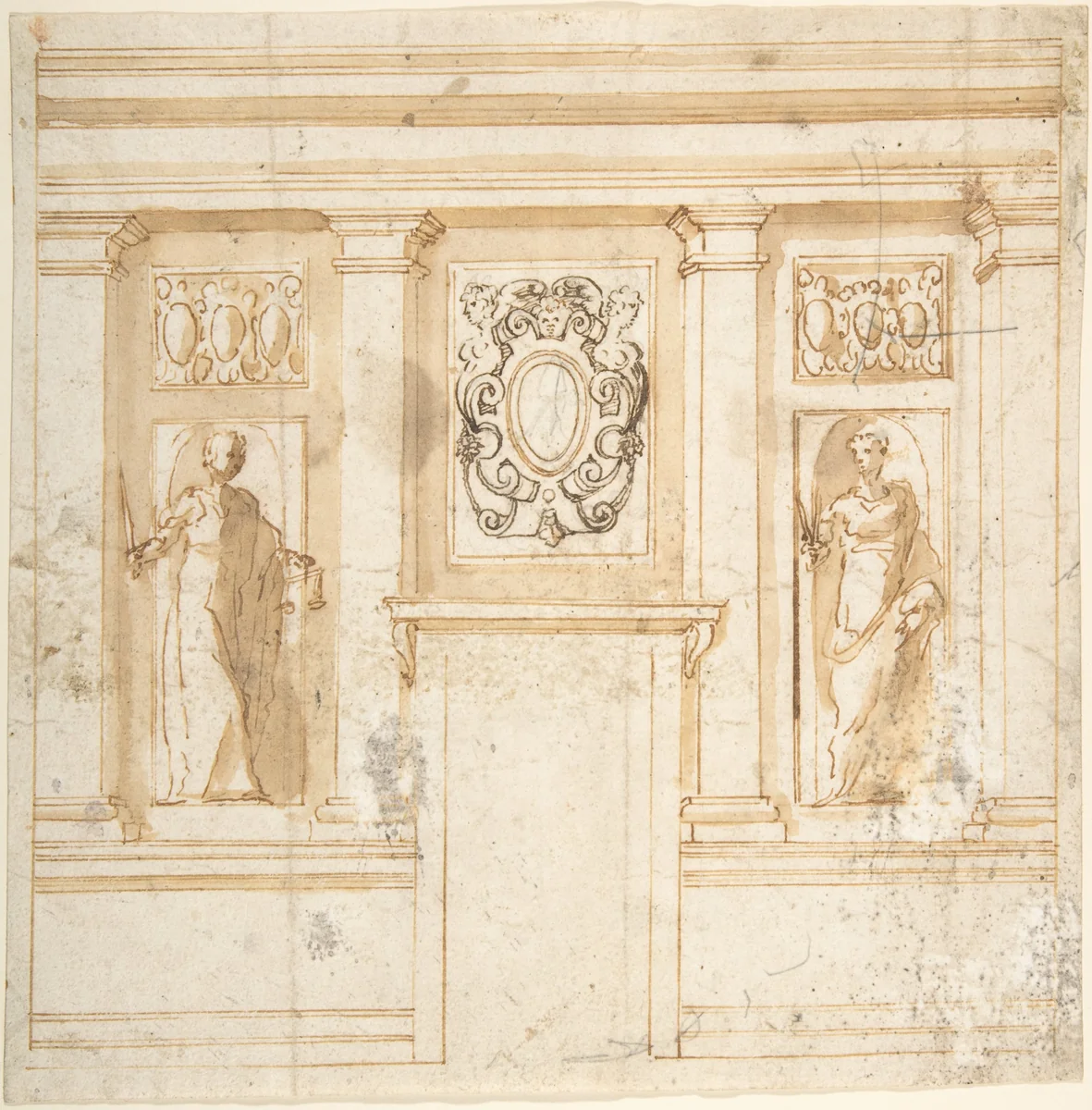 Elevation of a wall with partial pilasters, reliefs, and niche figures by anonymous, drawing, 1500-1599