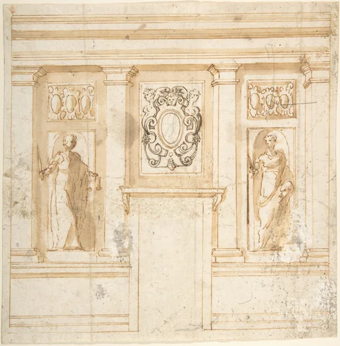 Elevation of a wall with partial pilasters, reliefs, and niche figures by anonymous, drawing, 1500-1599