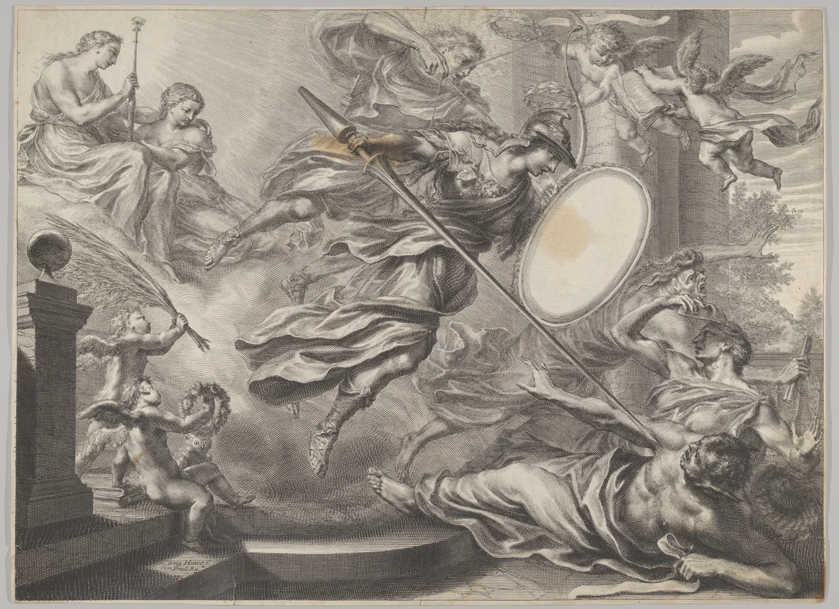 Minerva armed with a shield and lance attacking three nearly prone figures by Grégoire Huret, print, 1620-1650